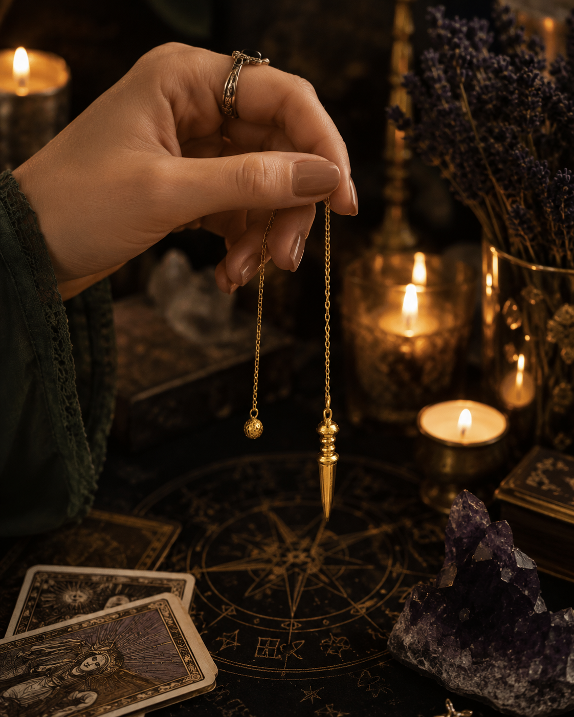 A hand holding a pendulum with a gemstone, surrounded by candles, crystals, tarot cards, and a crystal ball on a table.