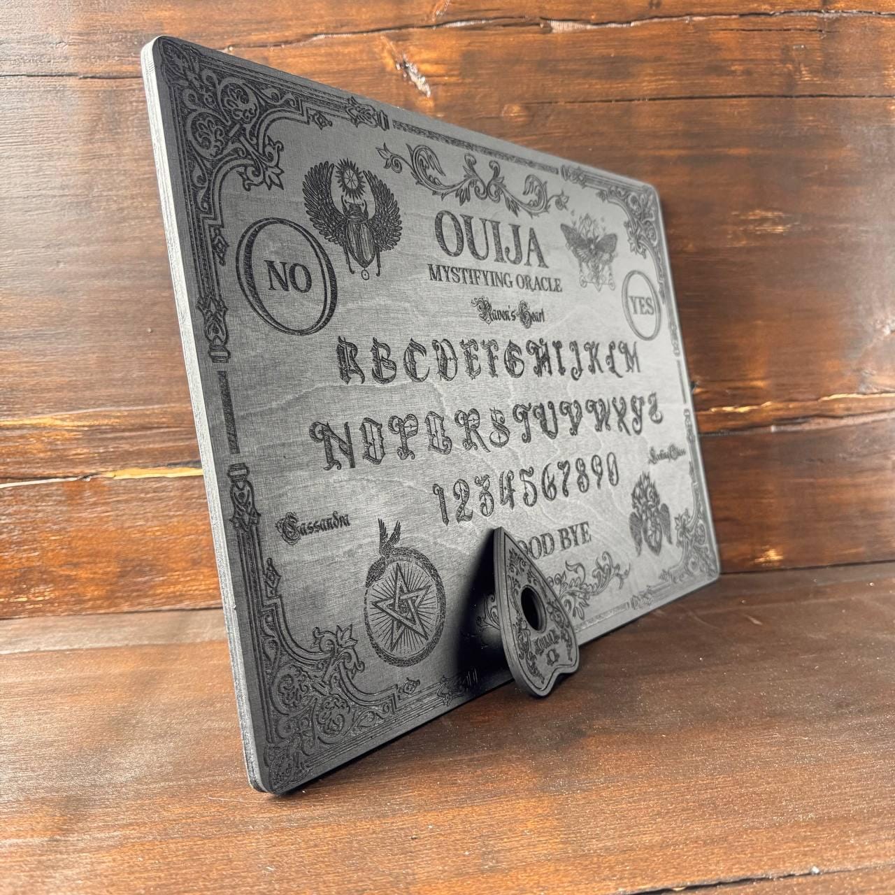 Black Ouija Board - Wooden Spirit Board with Engraved Planchette for Ritual Altar