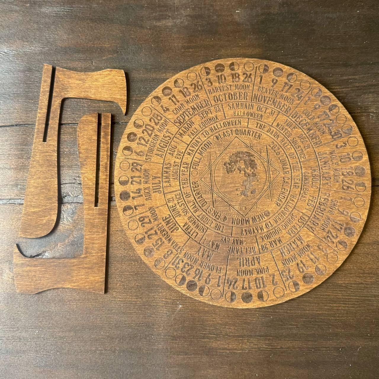 2026 Lunar Calendar Wood Moon Phase Wheel, Witch Altar Decor with Stand, Pagan Astrology Gift
