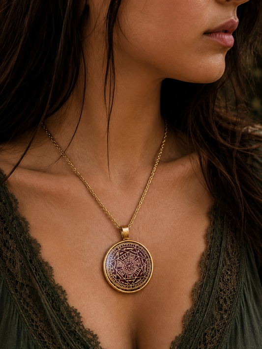 A woman wearing a gold necklace with a large, circular pendant.