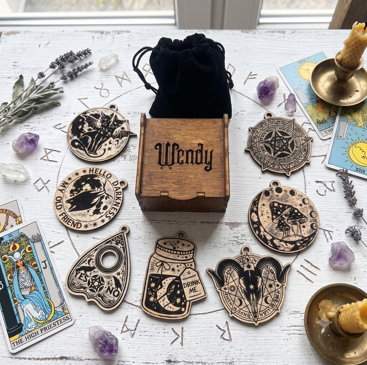 Personalized Wicca Ornament Gift Box, 7 Wooden Sabbat Charms in 4 Colors