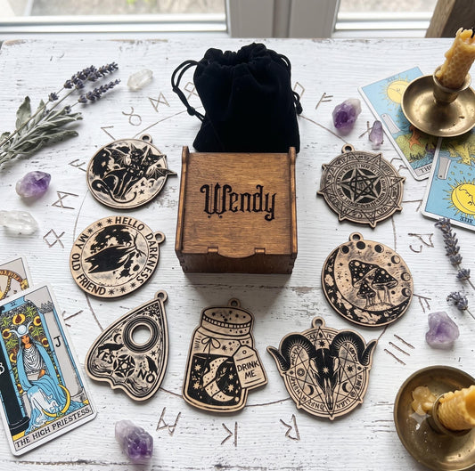 Personalized Wicca Ornament Gift Box, 7 Wooden Sabbat Charms in 4 Colors
