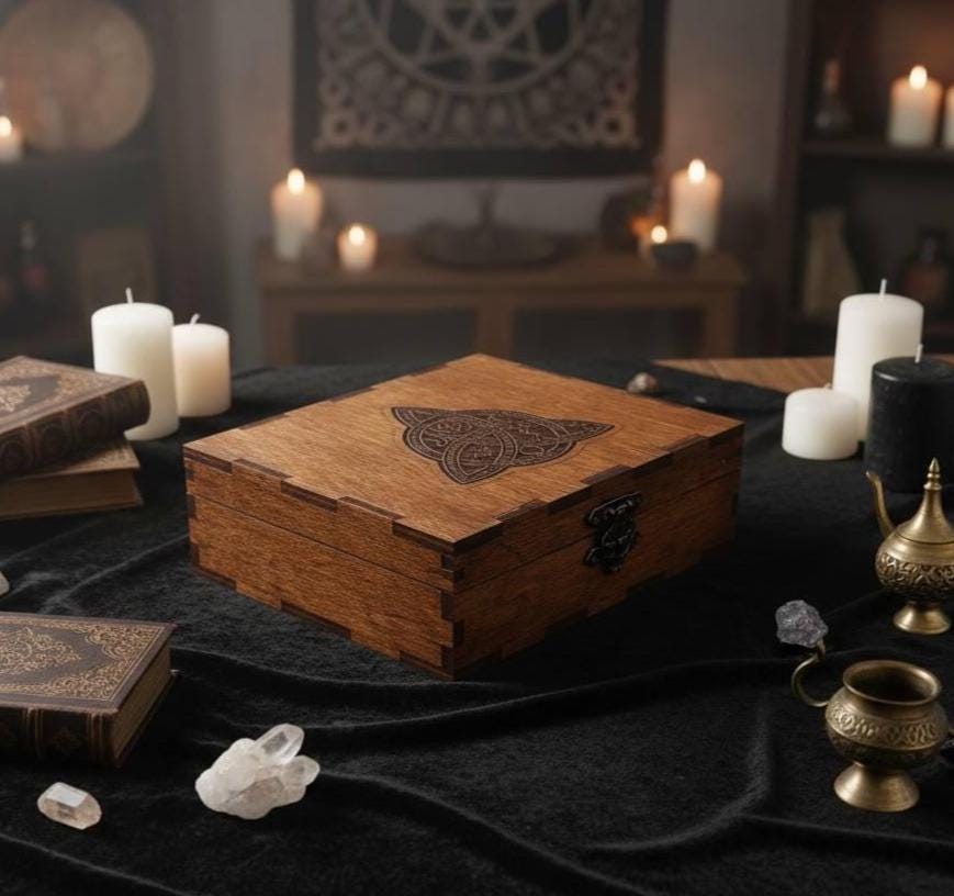 Tarot Card Box for Two Decks, Wooden Tarot Storage with Lock, Engraved Divination Case