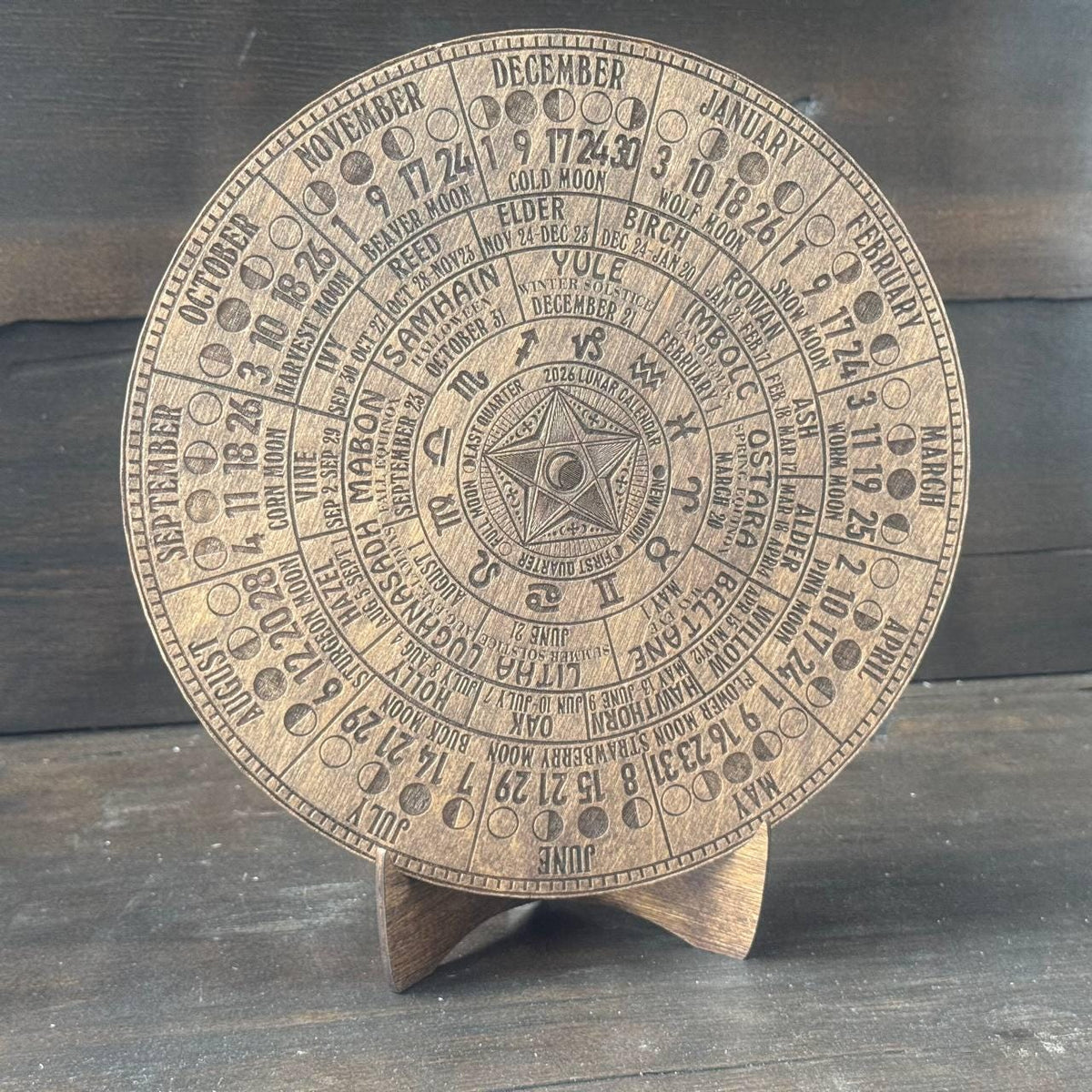 2026 Lunar Calendar with Pentagram – Wiccan Moon Phase Wheel on Walnut Wood with Stand