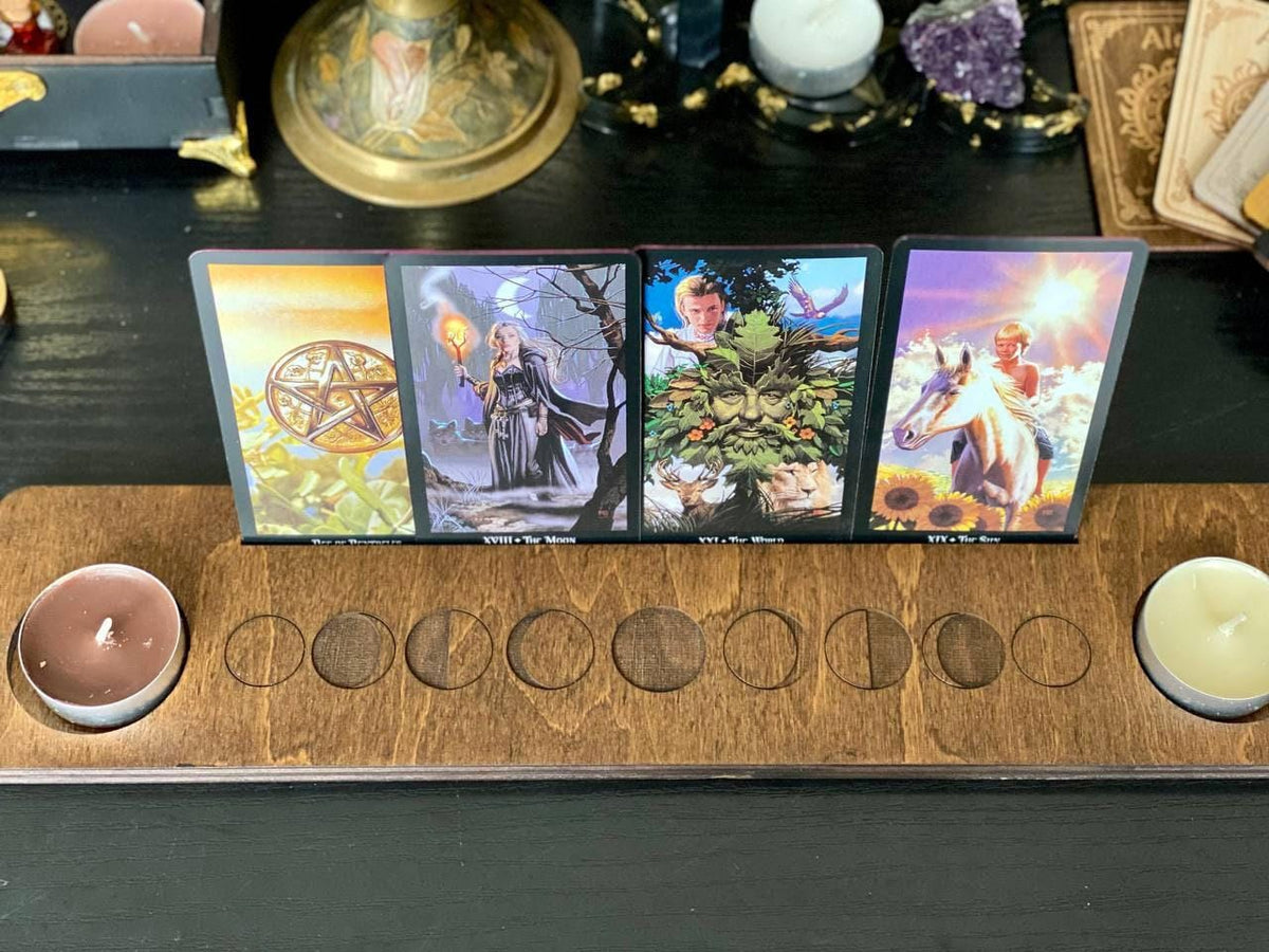 Moon Phase Tarot Stand with Candle Holders, Wooden Altar Display