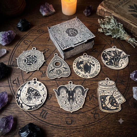 Personalized Wicca Ornament Set, 7 Wooden Witch Symbols in Old Oak Gift Box