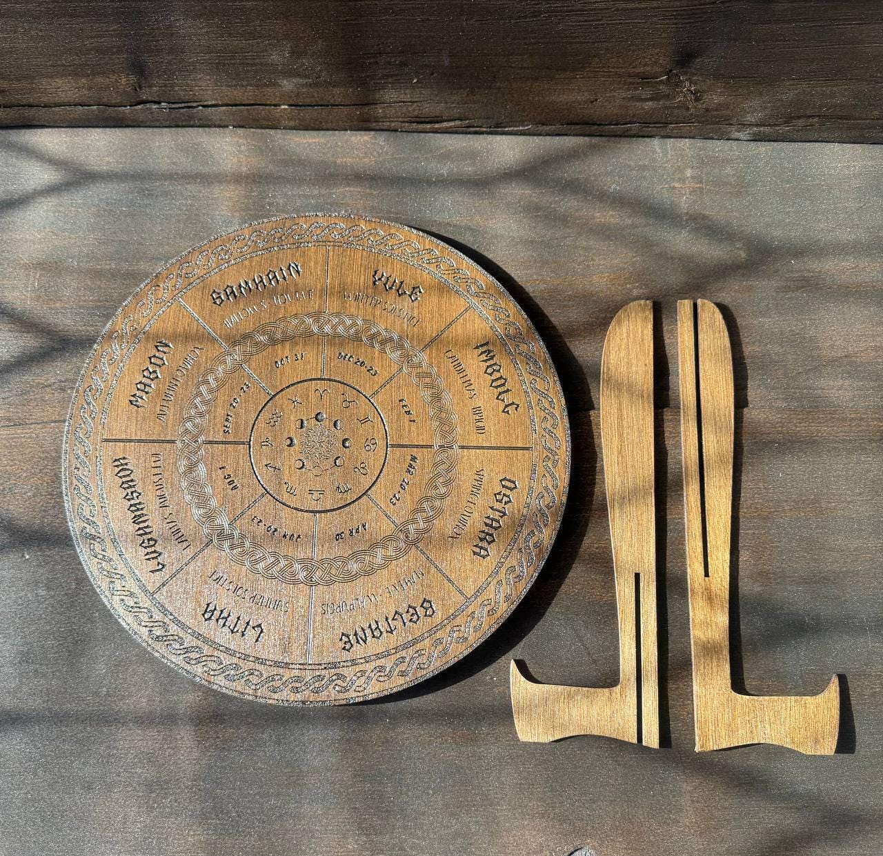 Wooden Wheel of Life Calendar, Celtic Tree Zodiac Engraved Disc, Wiccan Altar Decor