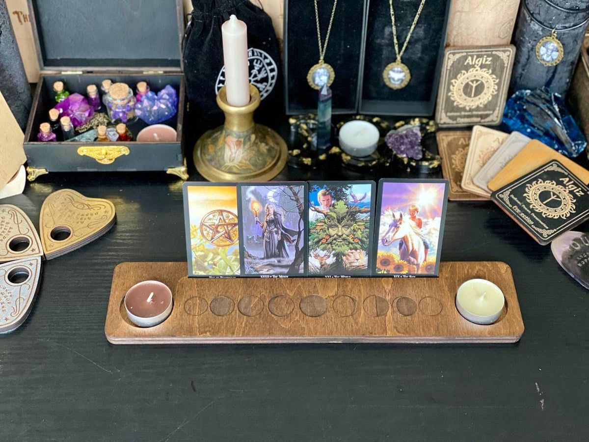 Moon Phase Tarot Stand with Candle Holders, Wooden Altar Display