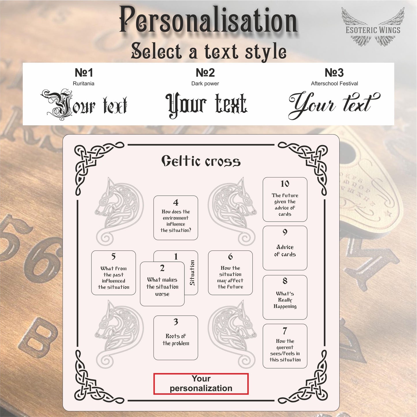 The image is a screenshot of a personalization tool that allows users to select a text style for their text. It features a Celtic cross with various questions and options for customization.