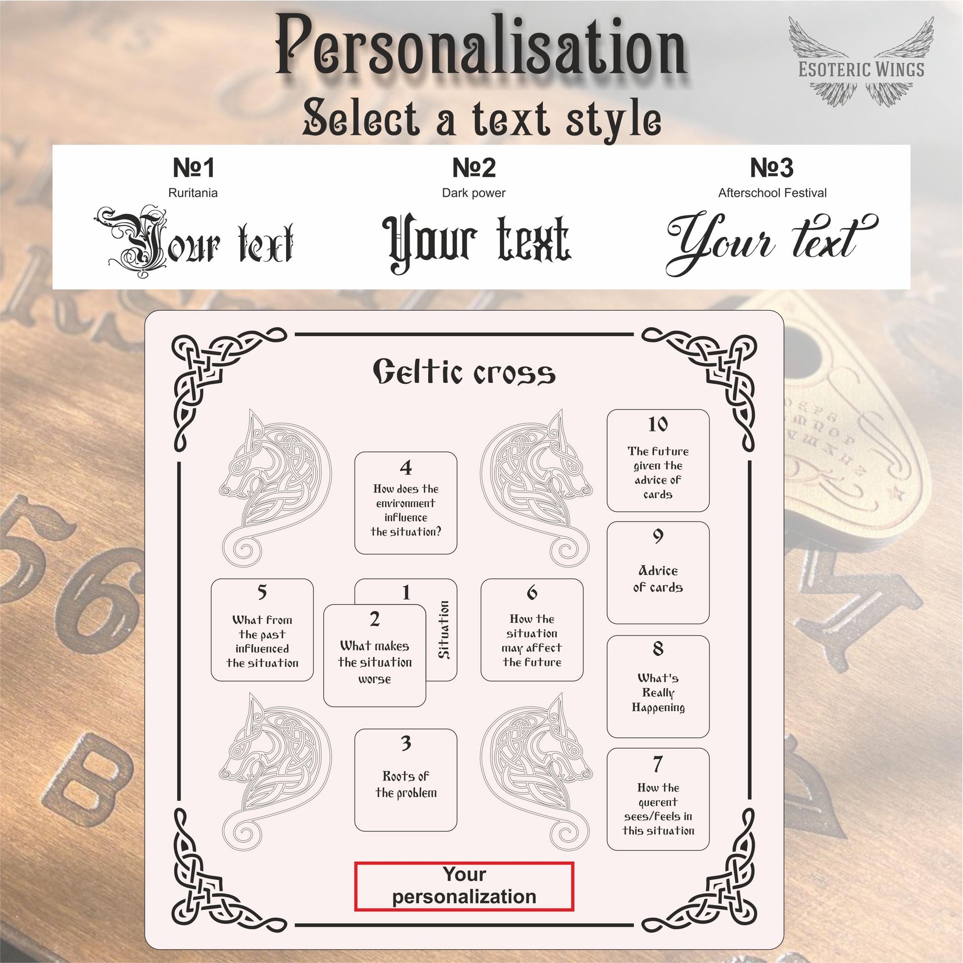 The image is a screenshot of a personalization tool that allows users to select a text style for their text. It features a Celtic cross with various questions and options for customization.