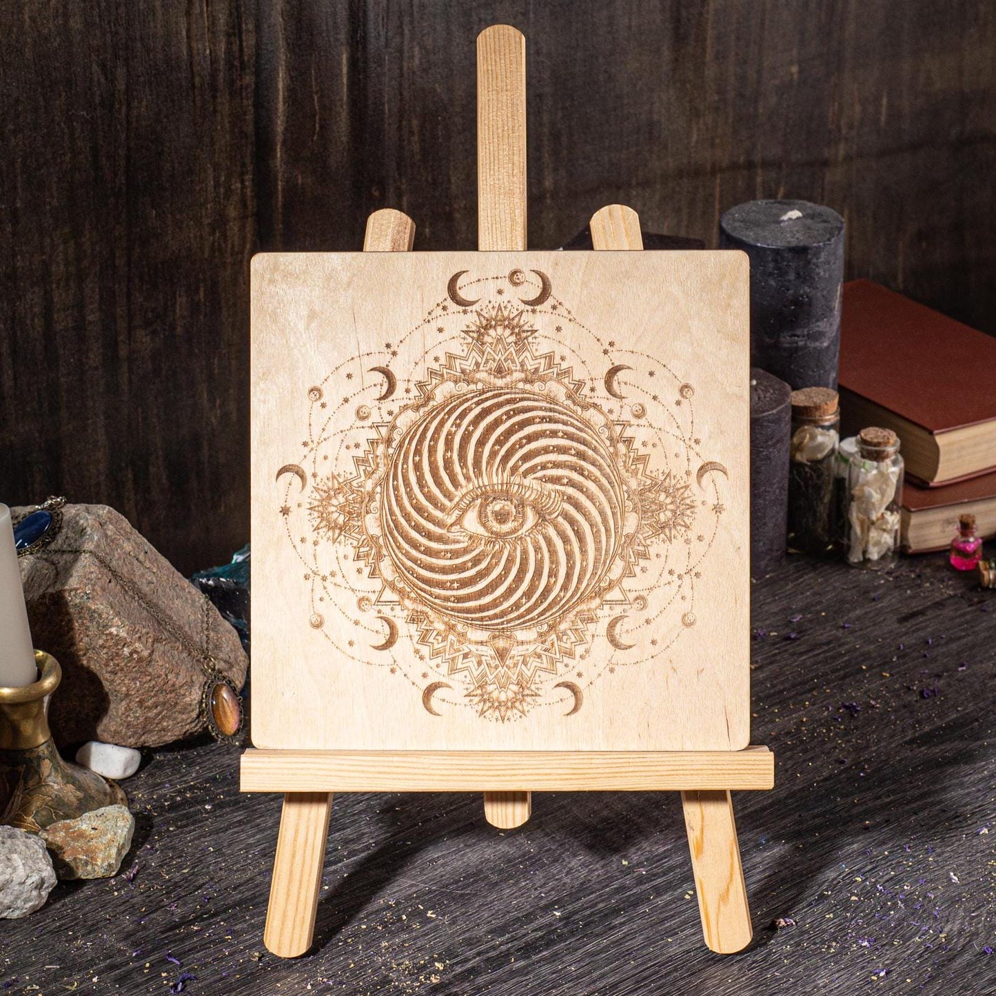 All Seeing Eye Wooden Altar Board with Stand, Occult Decor