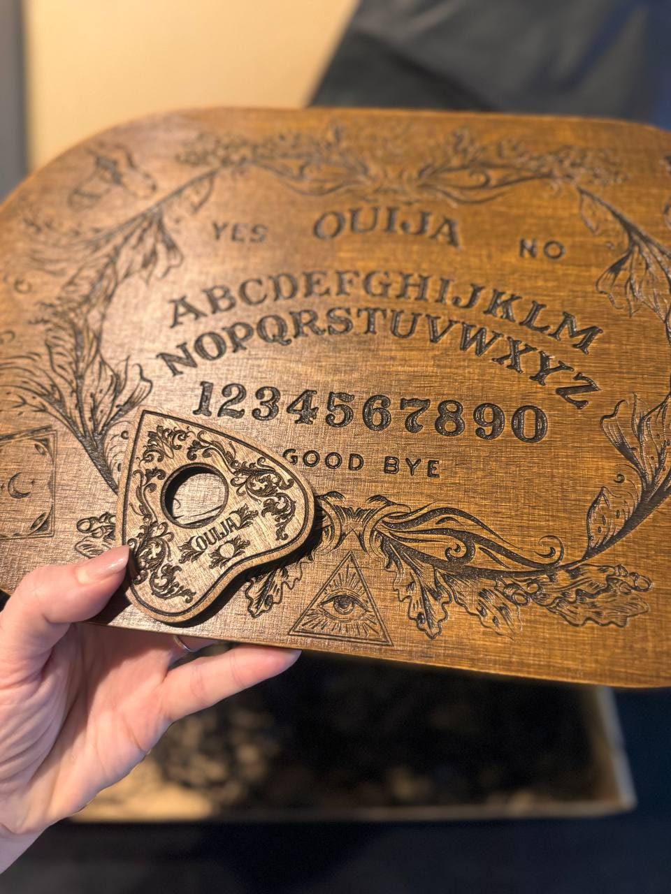 Wooden Ouija Board with Planchette, Gothic Spirit Game for Ritual Decor