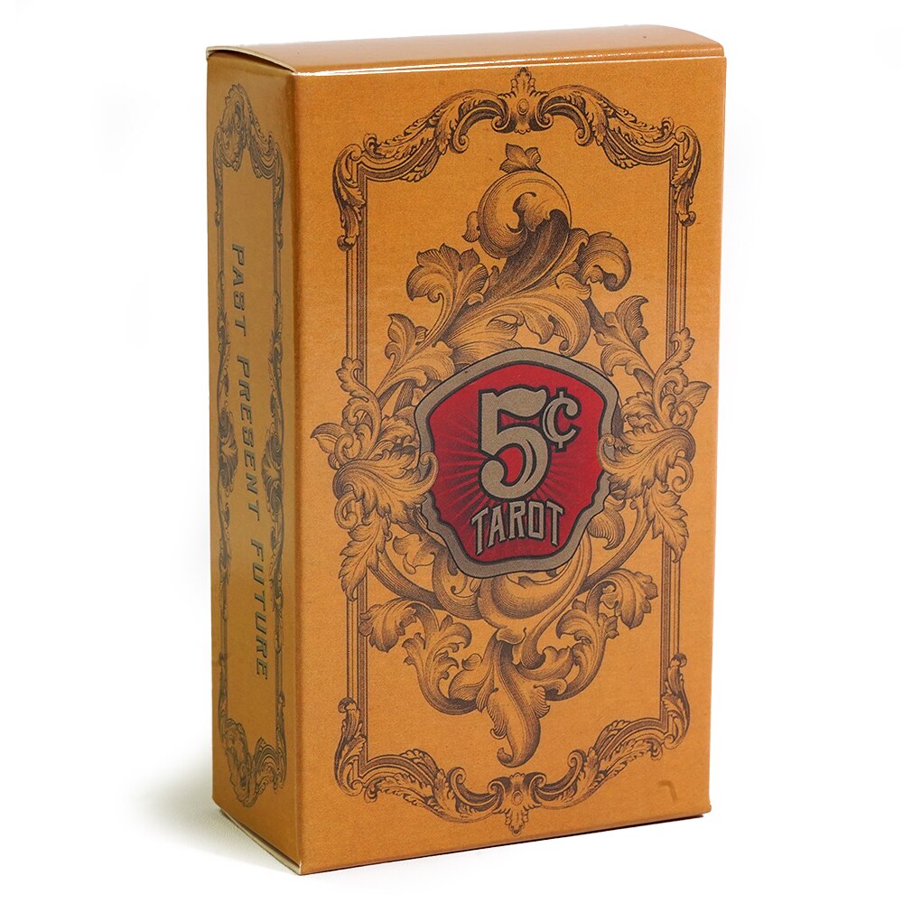 a tan-colored box with an ornate, decorative design and a red and gold emblem.