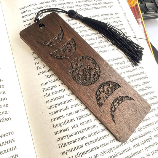 Moon Phases Wooden Bookmark with Tassel, Astrology Gift