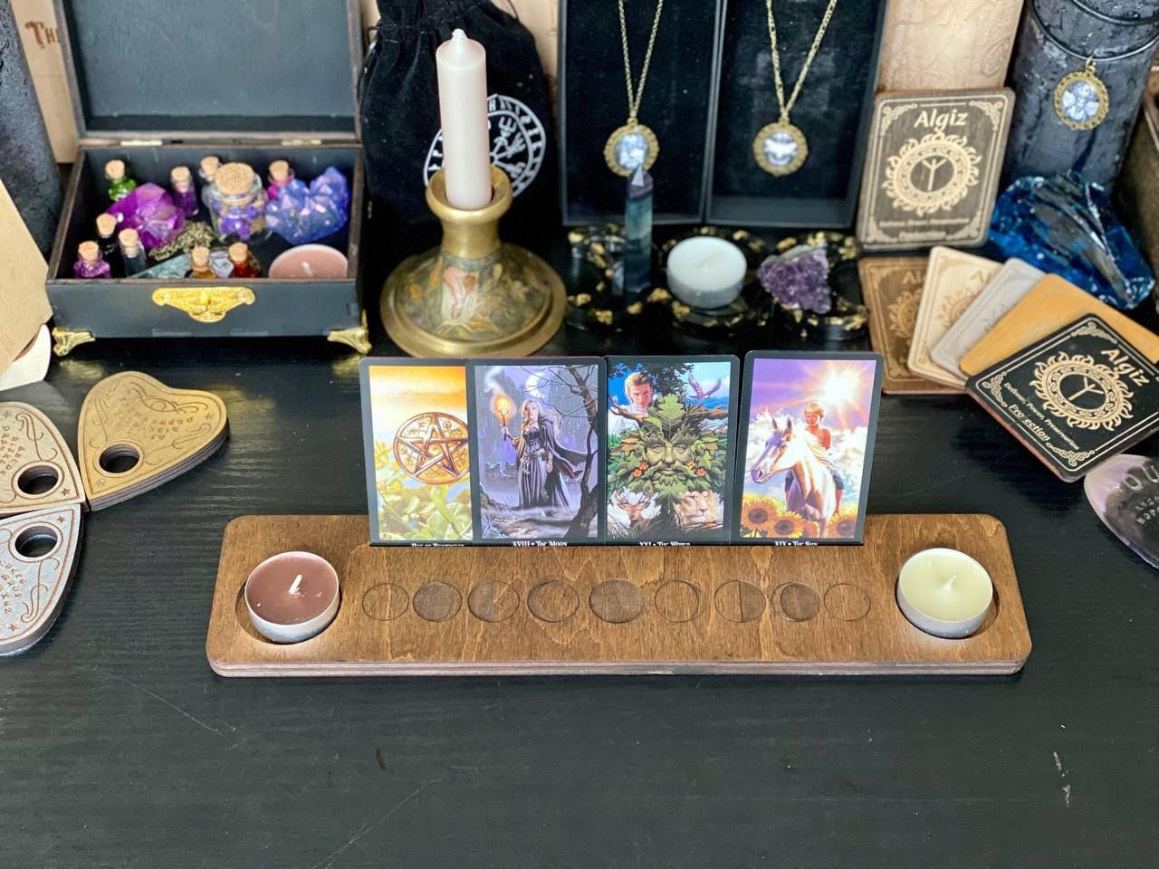 Moon Phase Tarot Card Stand with Candle Holders, Personalized Altar Decor