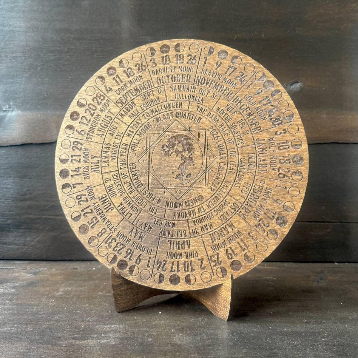 2026 Lunar Calendar Wood Moon Phase Wheel, Witch Altar Decor with Stand, Pagan Astrology Gift
