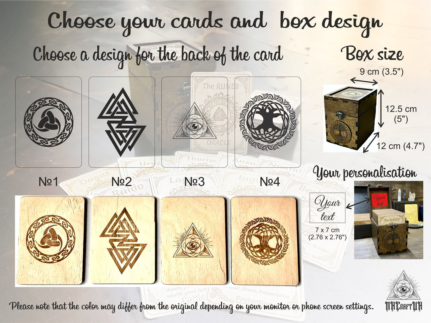 various designs of wooden cards and boxes, along with their corresponding sizes and dimensions. The text provides instructions for choosing a design for the back of the card and selecting a box size.