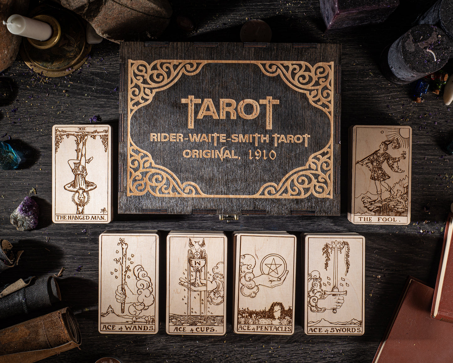 rider waite wooden tarot deck engraved cards in box