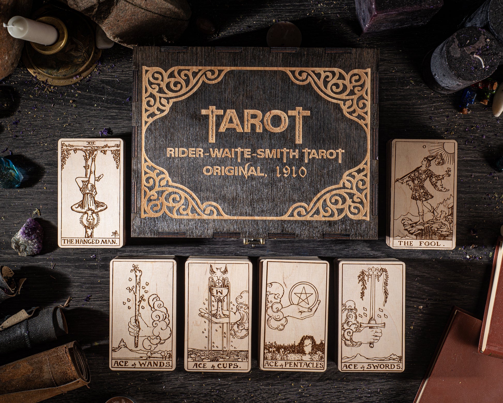 rider waite wooden tarot deck engraved cards in box
