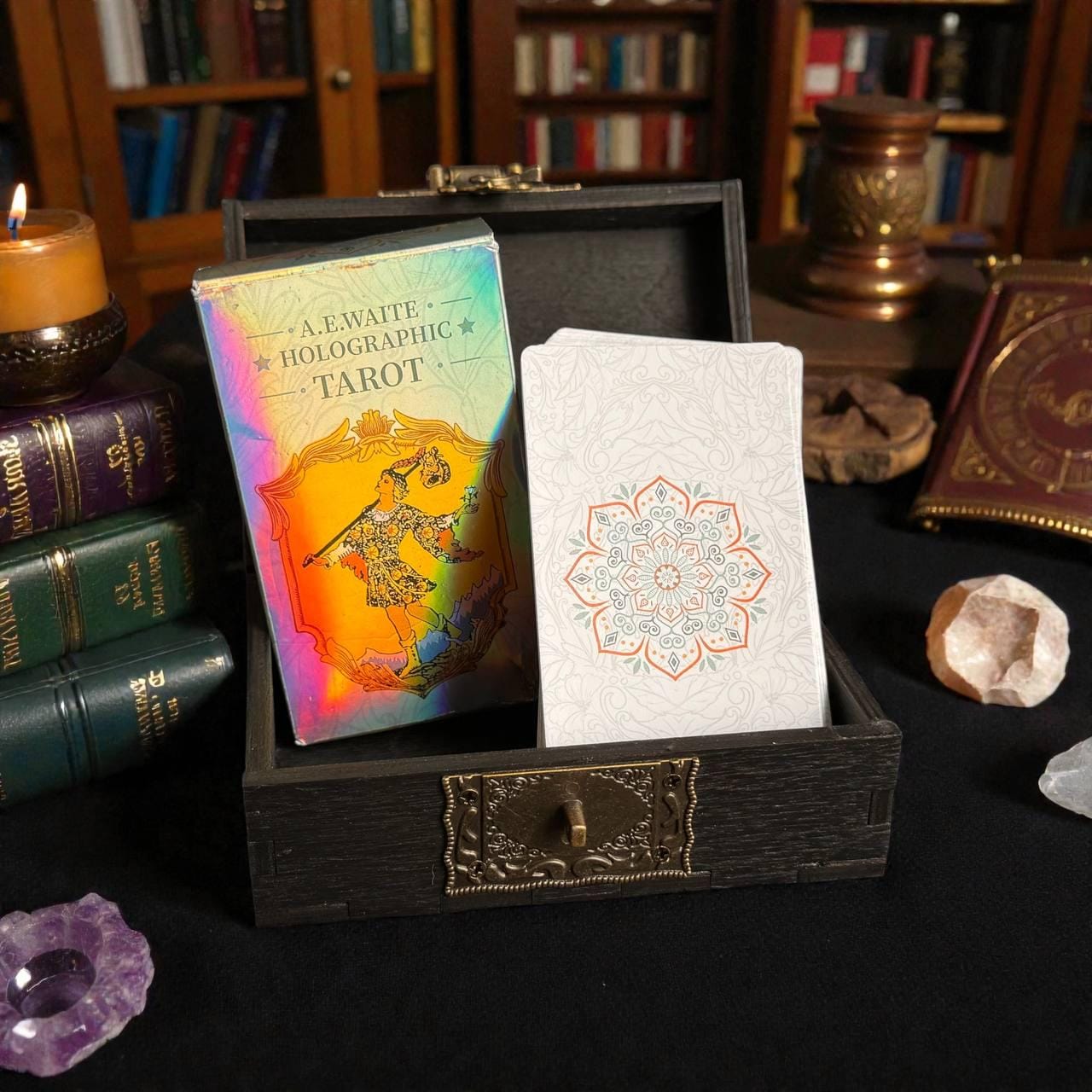 Holographic Rider Waite Tarot Deck Set, Personalized Box
