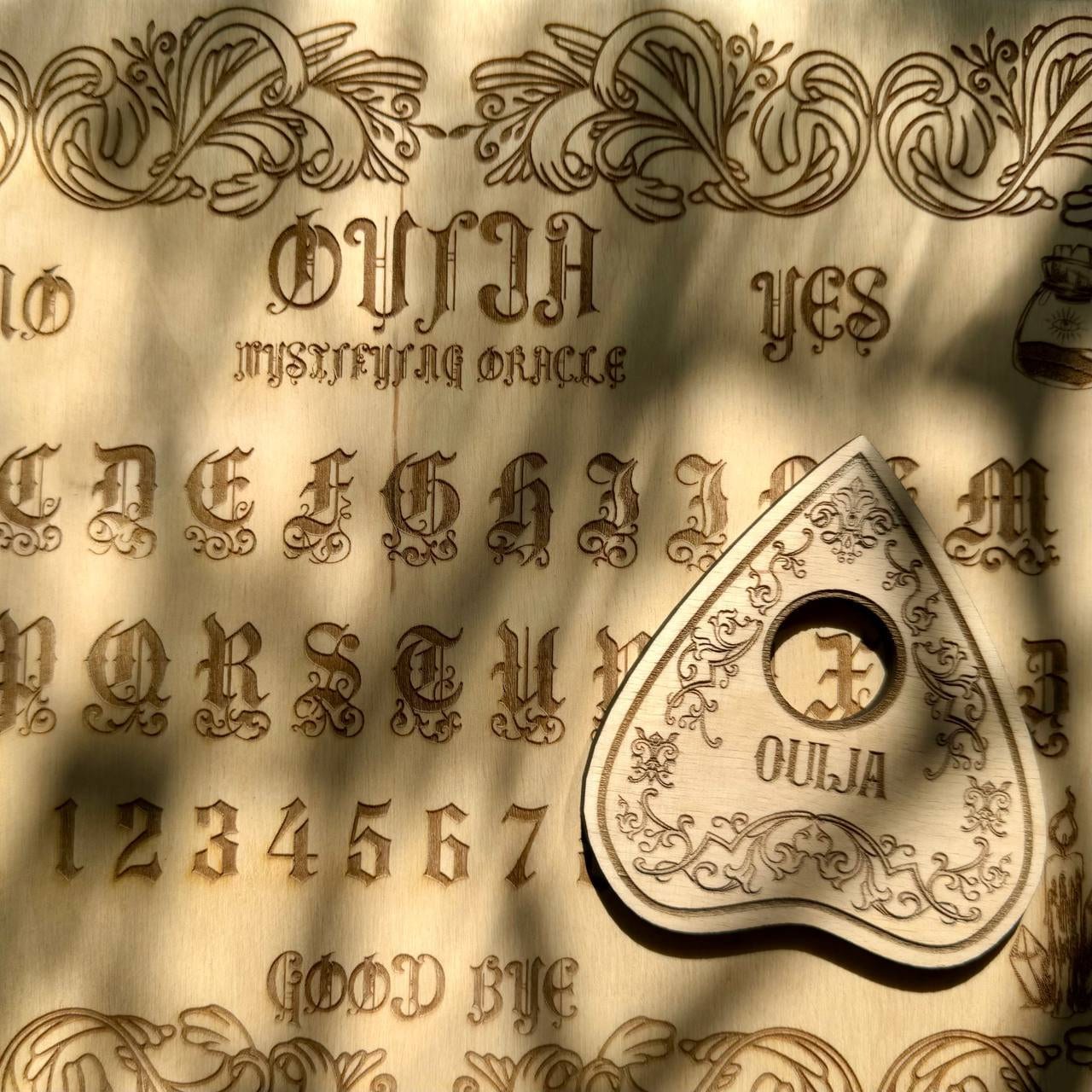 Wooden Ouija Board with Planchette, Engraved Spirit Board, Gothic Alphabet Talking Board