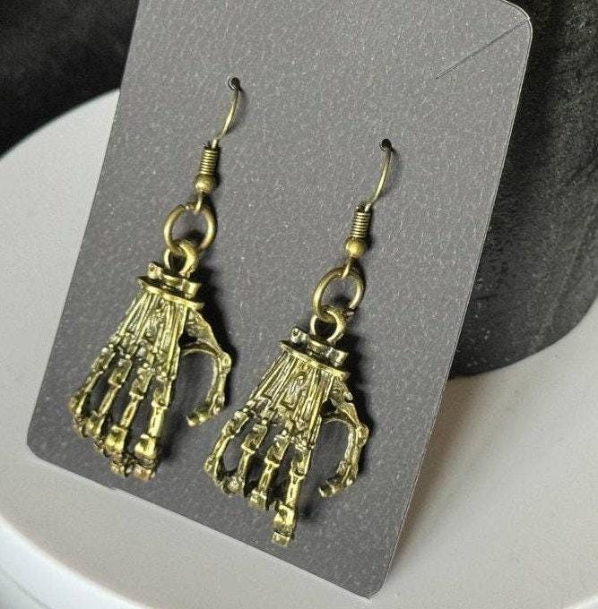 Skeleton Hand Earrings Gothic, Halloween Jewelry, Silver Armor Style Earrings