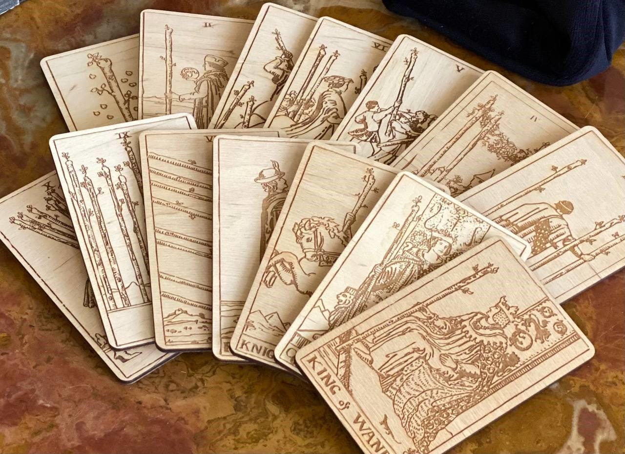 Wooden Tarot Cards Wands Suit Rider–Waite–Smith Engraved Deck Fire Element