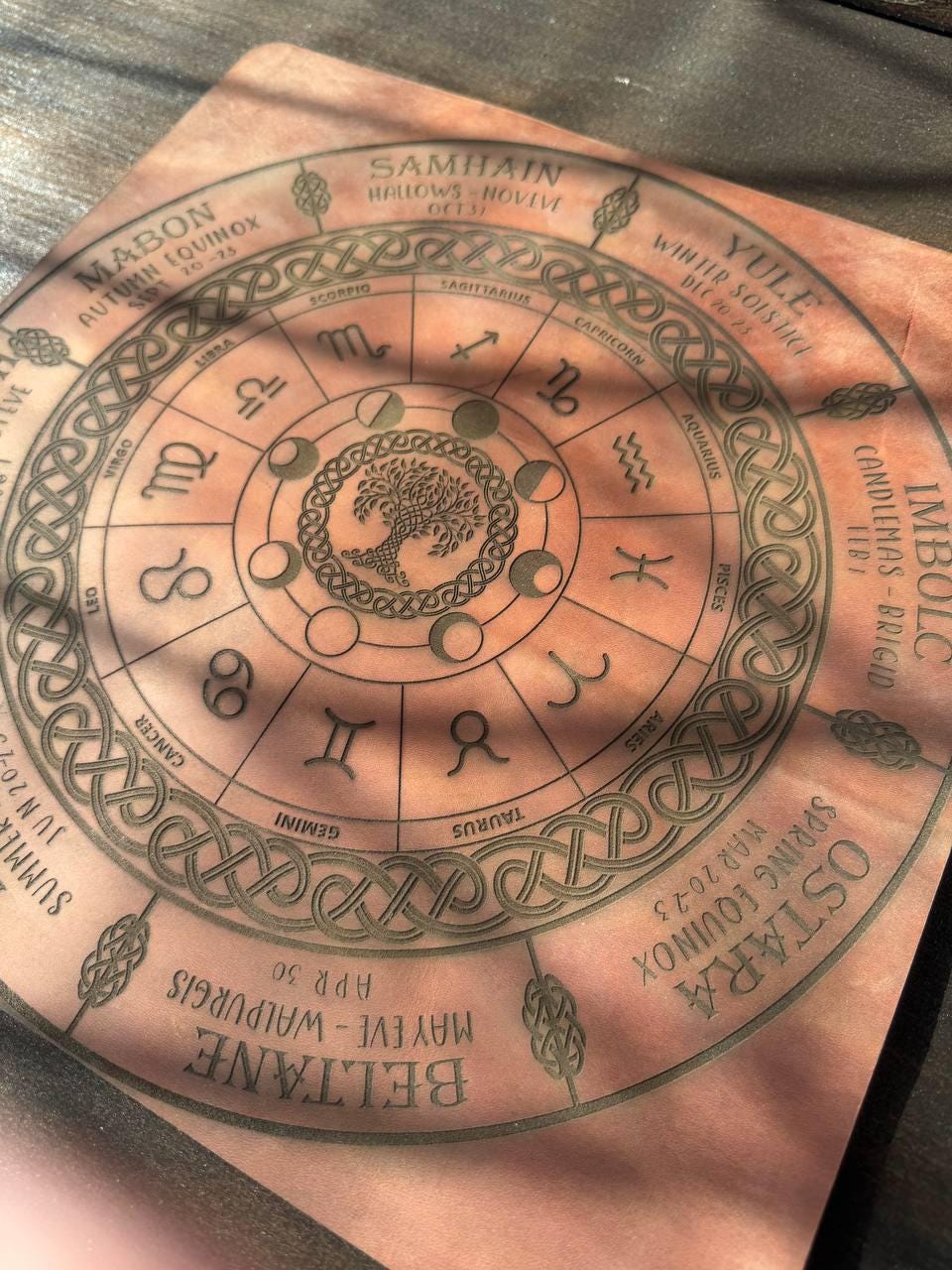 Engraved Leather Wiccan Calendar Mat, Zodiac Wheel Altar Planner in 3 Sizes