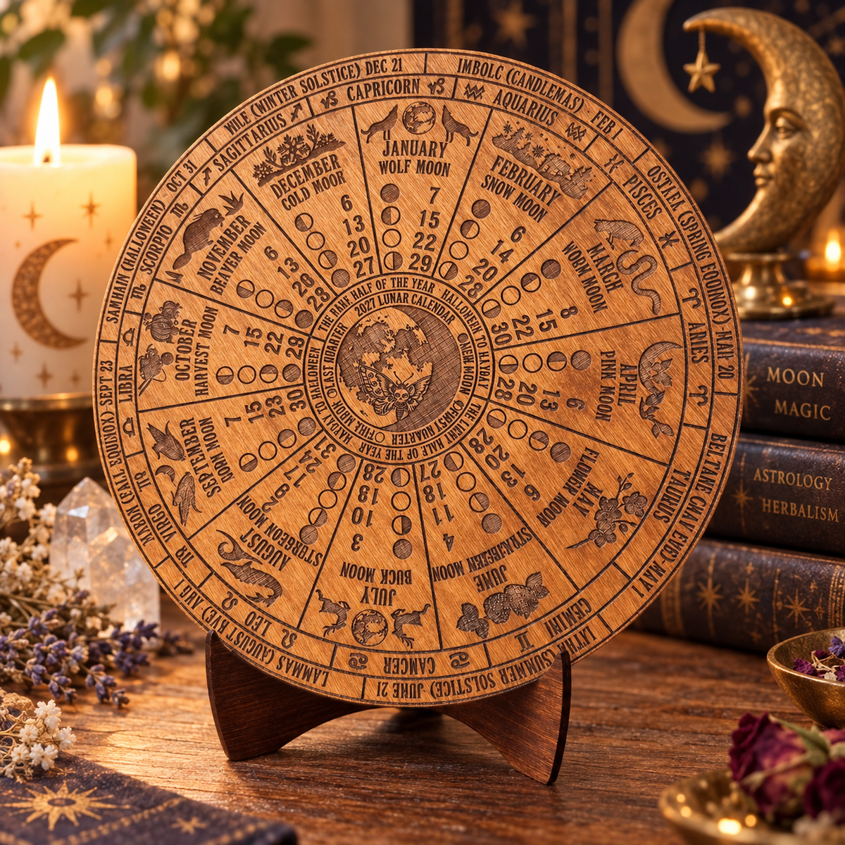 2027 Lunar Moon Phase Calendar, Wooden Witch Altar Wheel with Zodiac and Sabbats