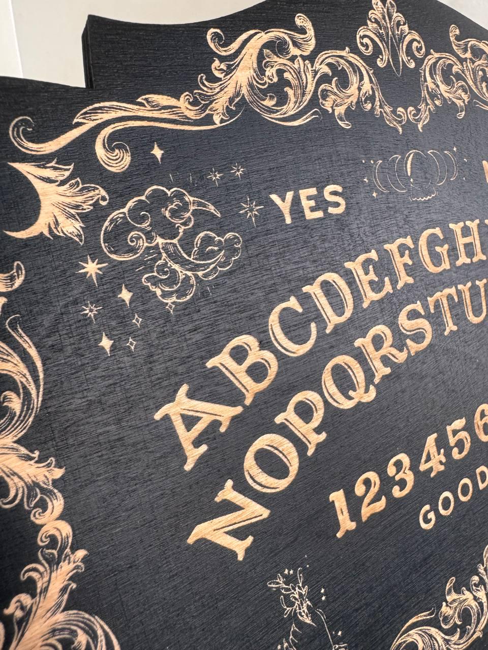 Ouija board, black wood, spirit board with planchette, gothic divination decor
