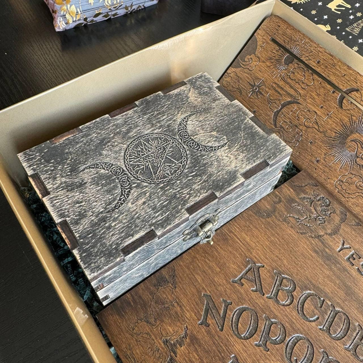Witch Mystery Box with Wooden Ritual Tools, Pagan Altar Gift Set