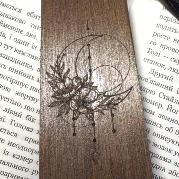 Wooden Flower Moon Bookmark, Engraved Floral Reader Gift