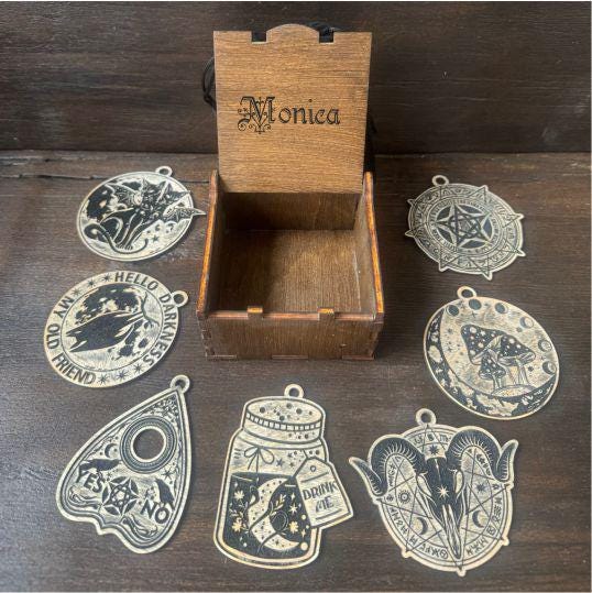 Personalized Wicca Ornament Gift Box, 7 Wooden Sabbat Charms in 4 Colors