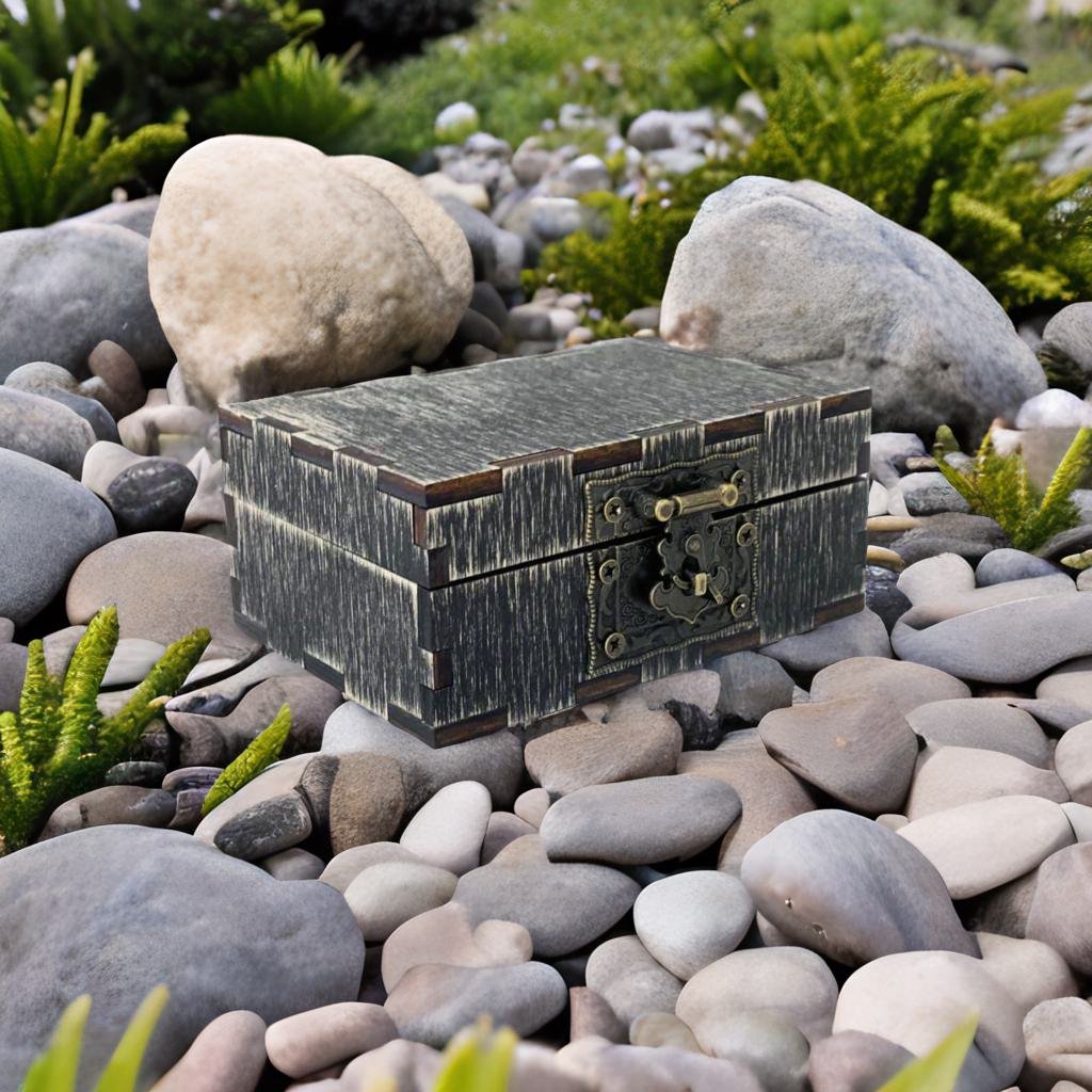 A weathered wooden chest sits atop a bed of rocks and pebbles, surrounded by lush greenery.