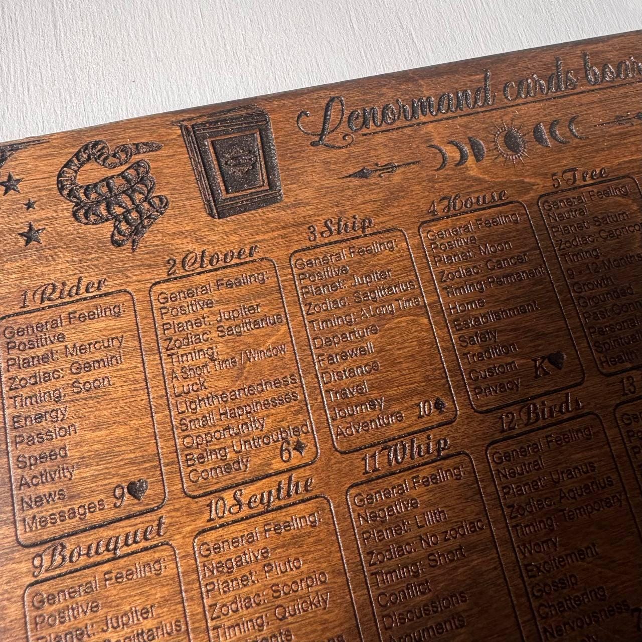Lenormand Reading Board Wooden Oracle Spread Board, Fortune Telling Mat, Witchcraft Altar Decor