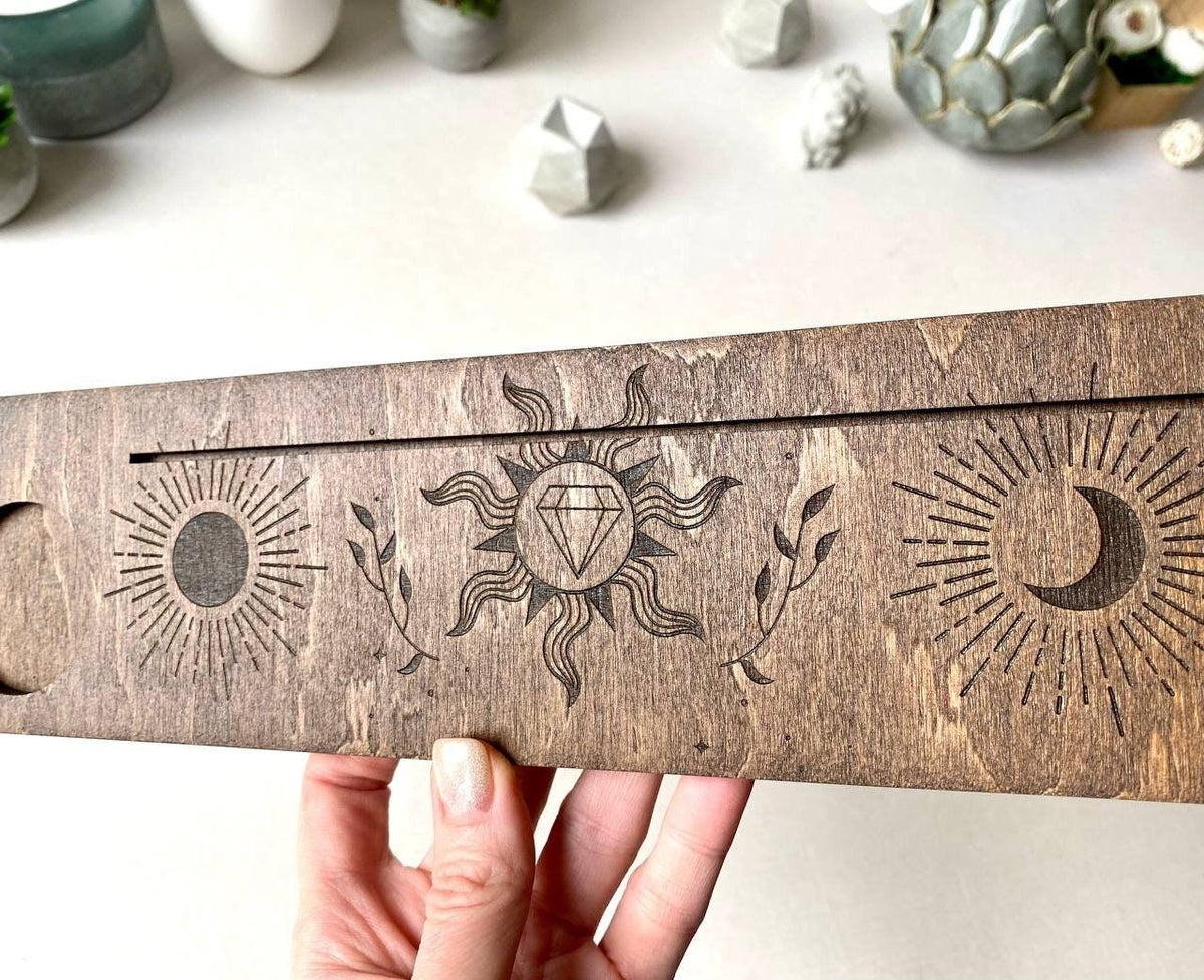 Sun and Moon Tarot Card Holder, Engraved Wooden Altar Stand
