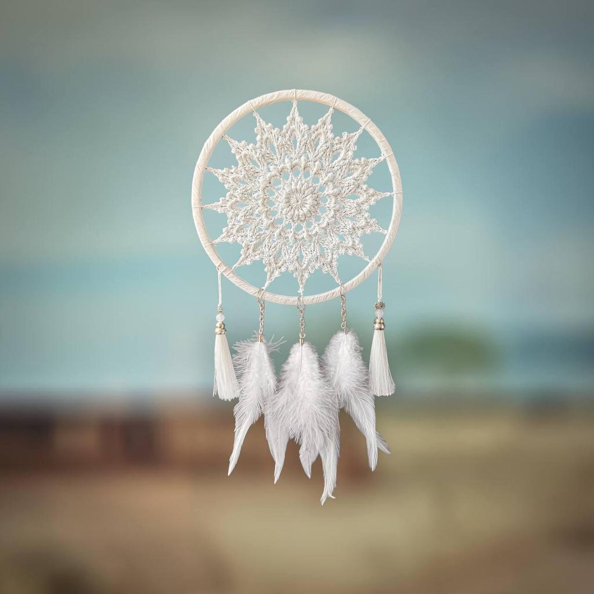 White Crochet Dream Catcher – Boho Bedroom & Nursery Decor