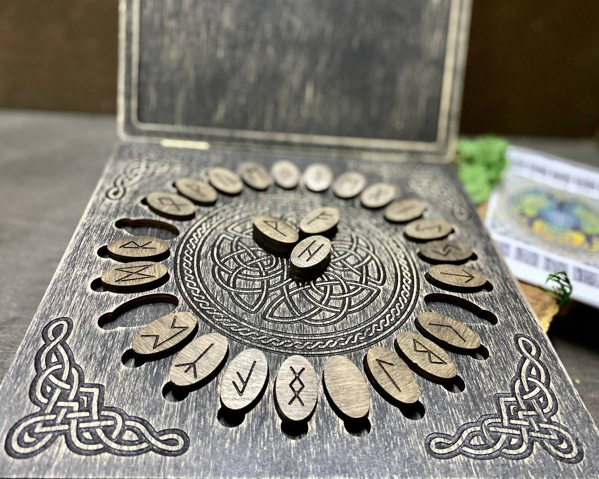 Futhark runes set with wooden box Norse divination tools