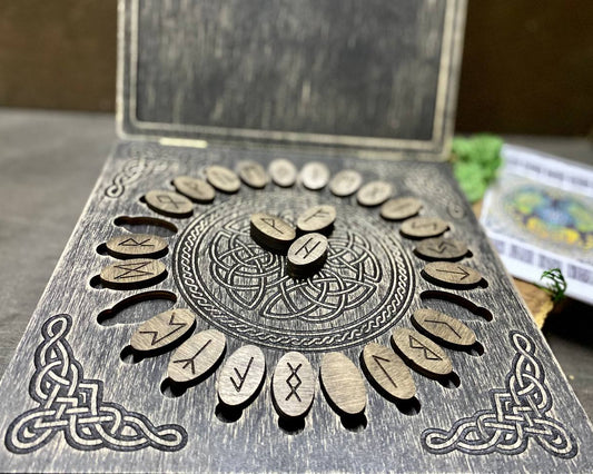 Futhark runes set with wooden box Norse divination tools