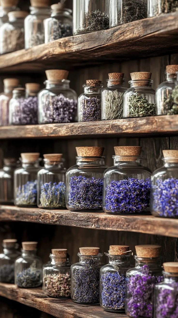 Shelves with glass jars containing various dried herbs and flowers on a wooden shelf.