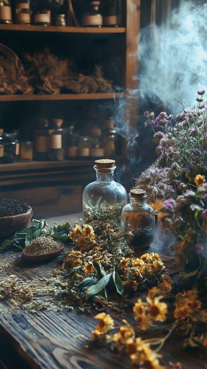Herbal remedies and spell glass bottles with smoke on a wooden table