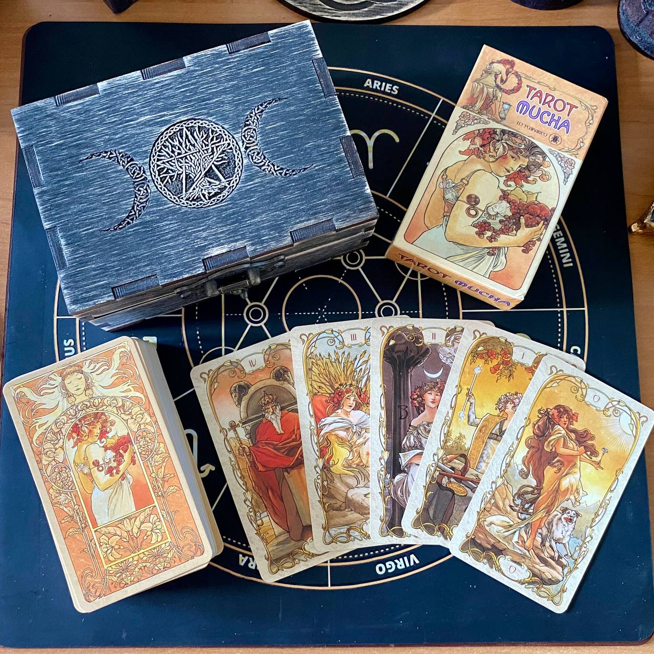 Tarot Mucha Deck with Wooden Box & Spread Board