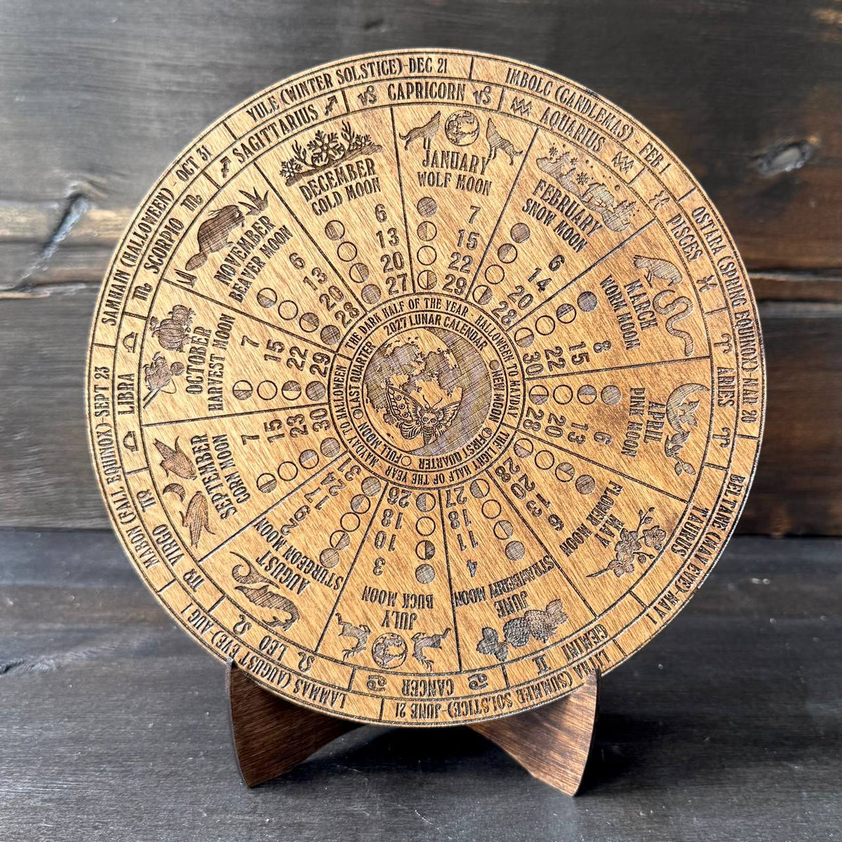 2027 Lunar Moon Phase Calendar, Wooden Witch Altar Wheel with Zodiac and Sabbats