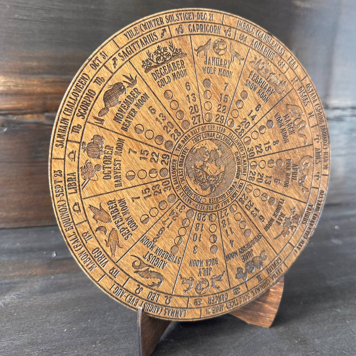 2027 Lunar Moon Phase Calendar, Wooden Witch Altar Wheel with Zodiac and Sabbats
