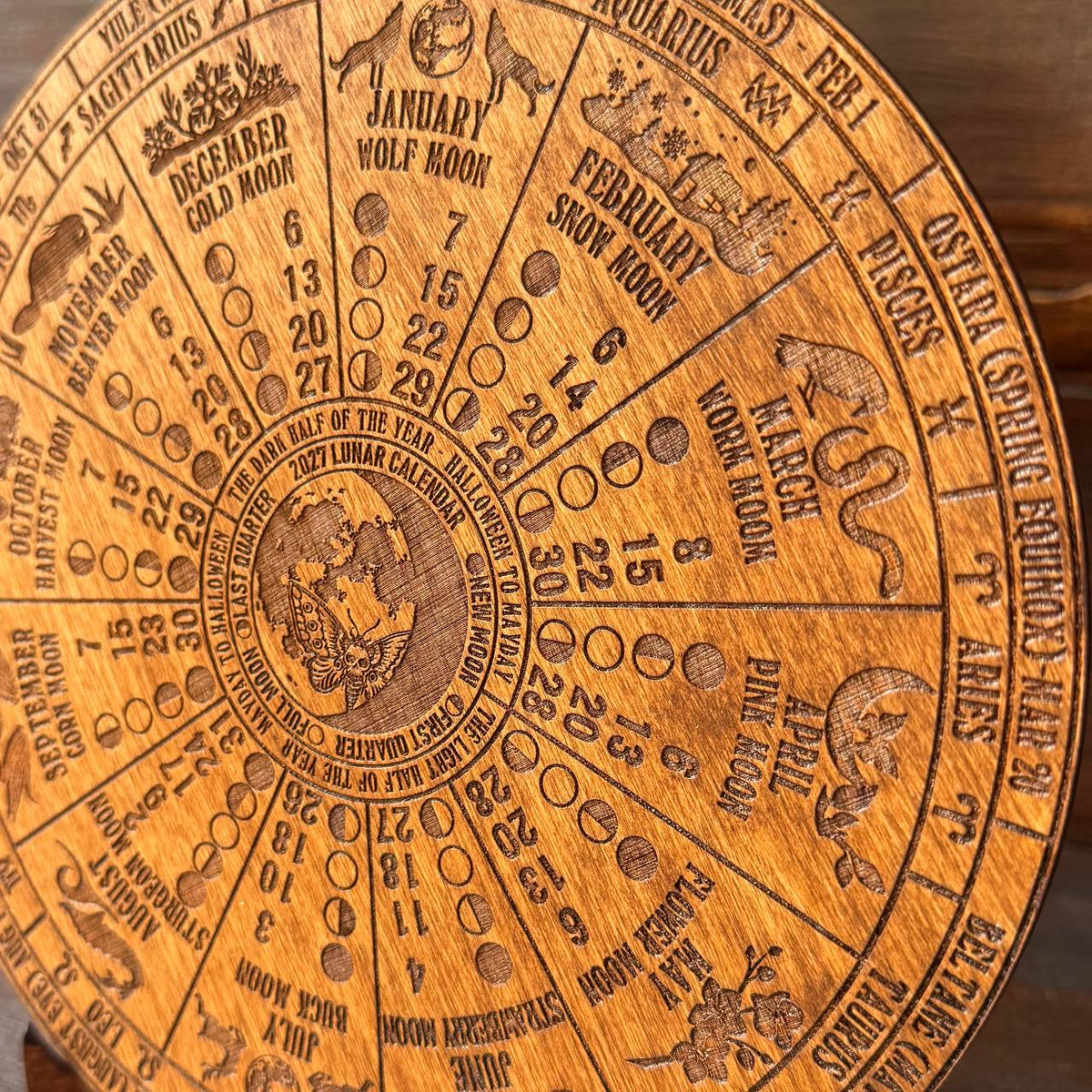 2027 Lunar Moon Phase Calendar, Wooden Witch Altar Wheel with Zodiac and Sabbats