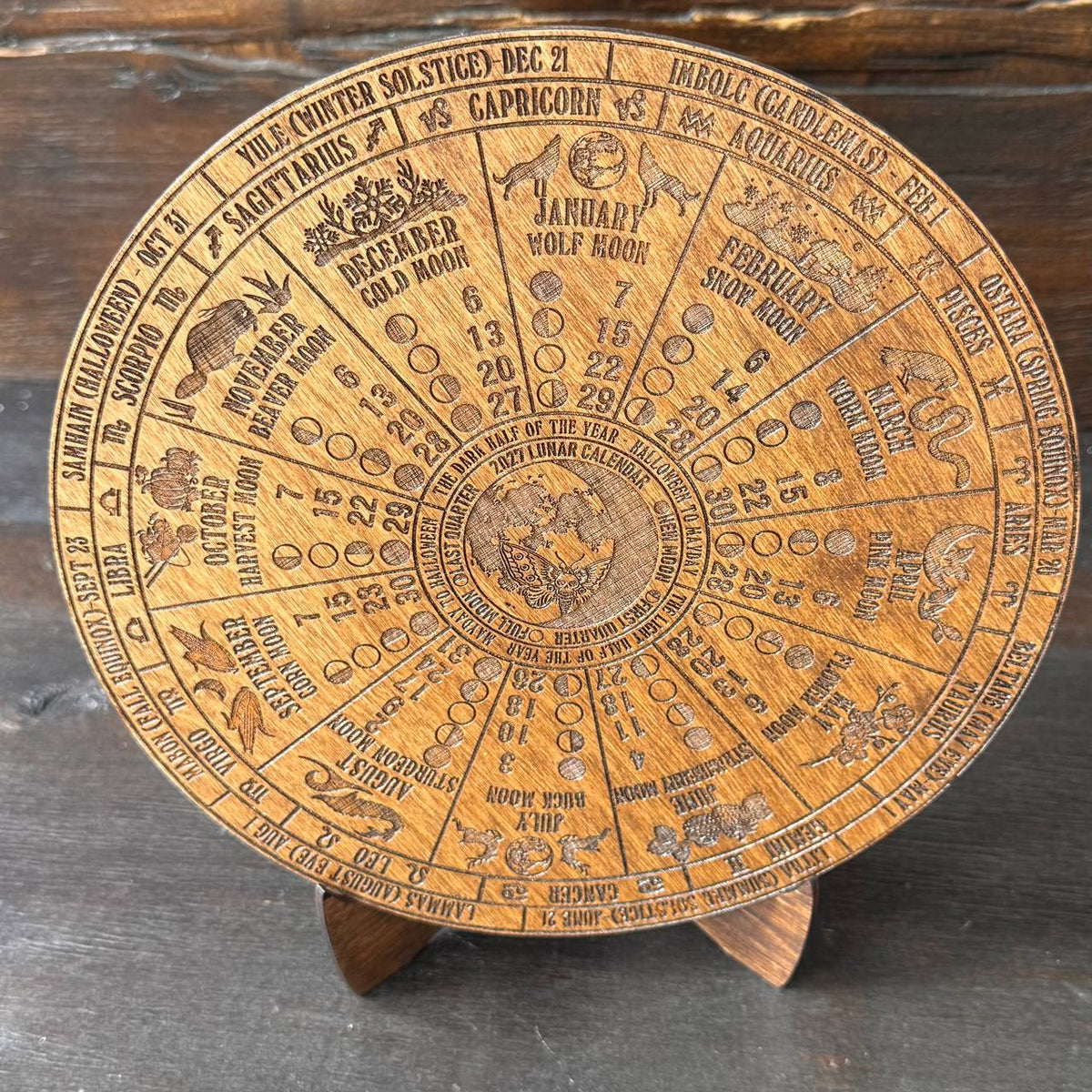2027 Lunar Moon Phase Calendar, Wooden Witch Altar Wheel with Zodiac and Sabbats