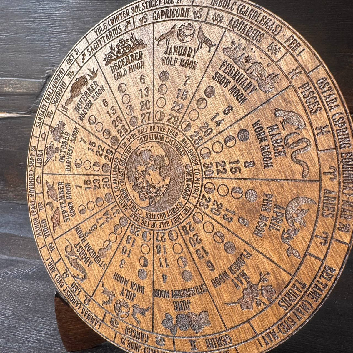 2027 Lunar Moon Phase Calendar, Wooden Witch Altar Wheel with Zodiac and Sabbats