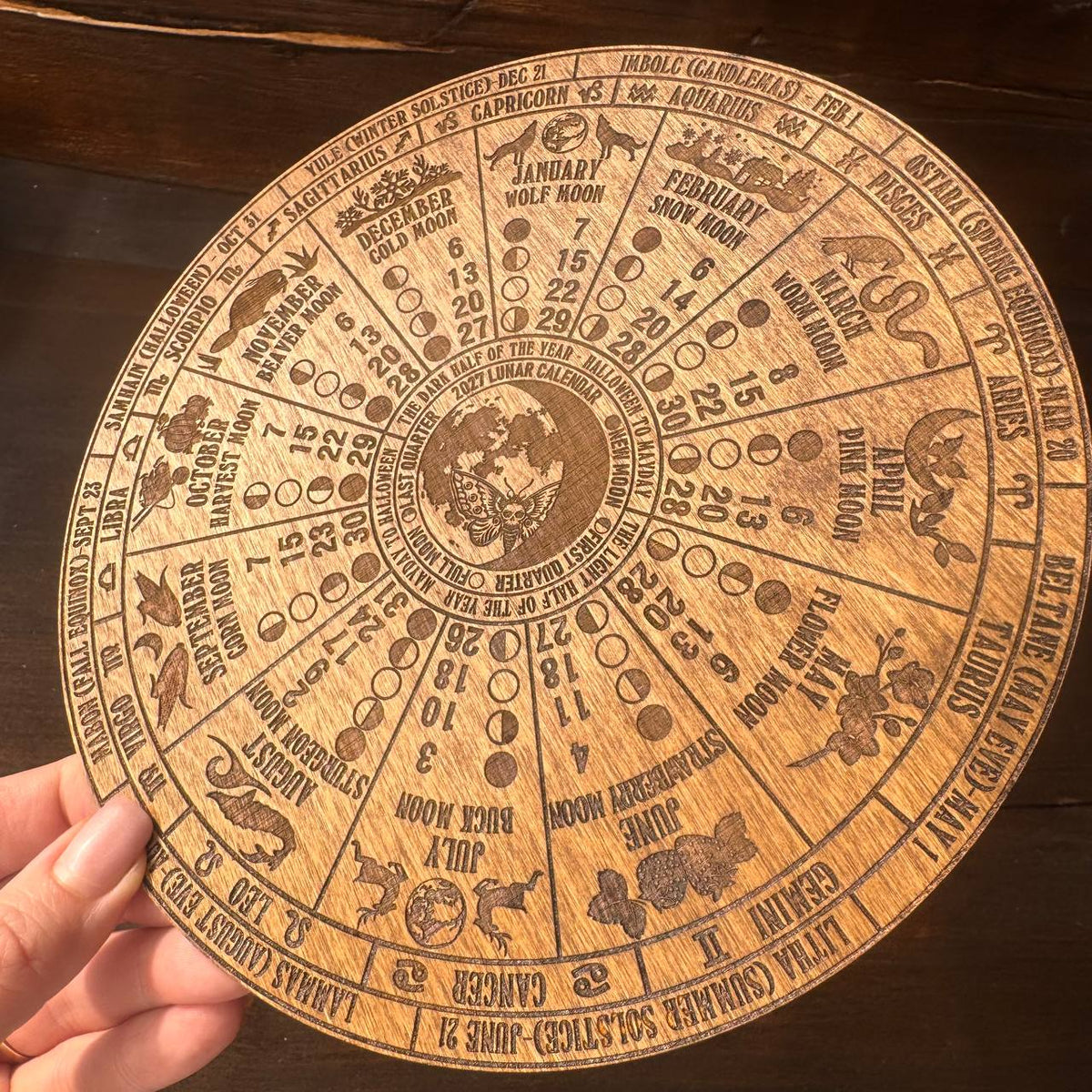2027 Lunar Moon Phase Calendar, Wooden Witch Altar Wheel with Zodiac and Sabbats
