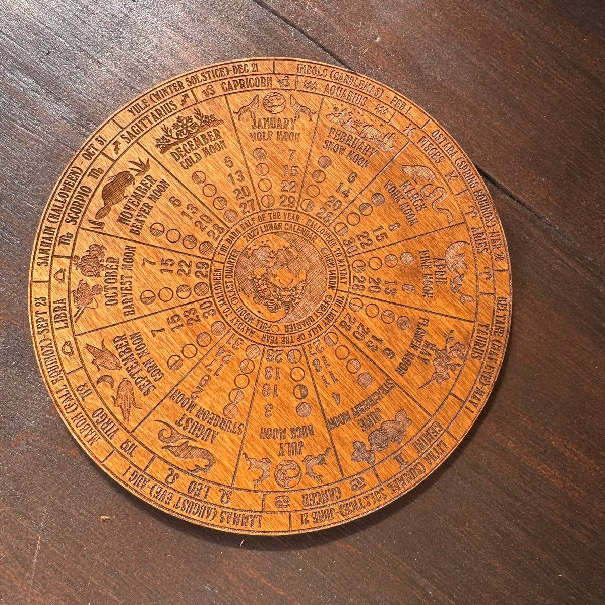 2027 Lunar Moon Phase Calendar, Wooden Witch Altar Wheel with Zodiac and Sabbats