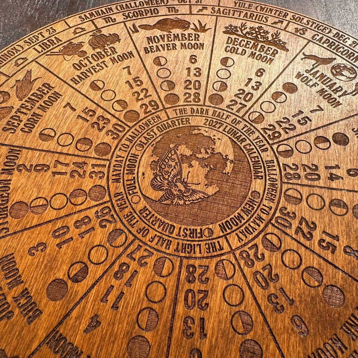2027 Lunar Moon Phase Calendar, Wooden Witch Altar Wheel with Zodiac and Sabbats